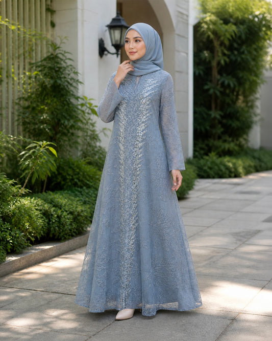 NUR VOGUE Adeeva Elegant Modest Wear Abaya Dress – Denim Blue