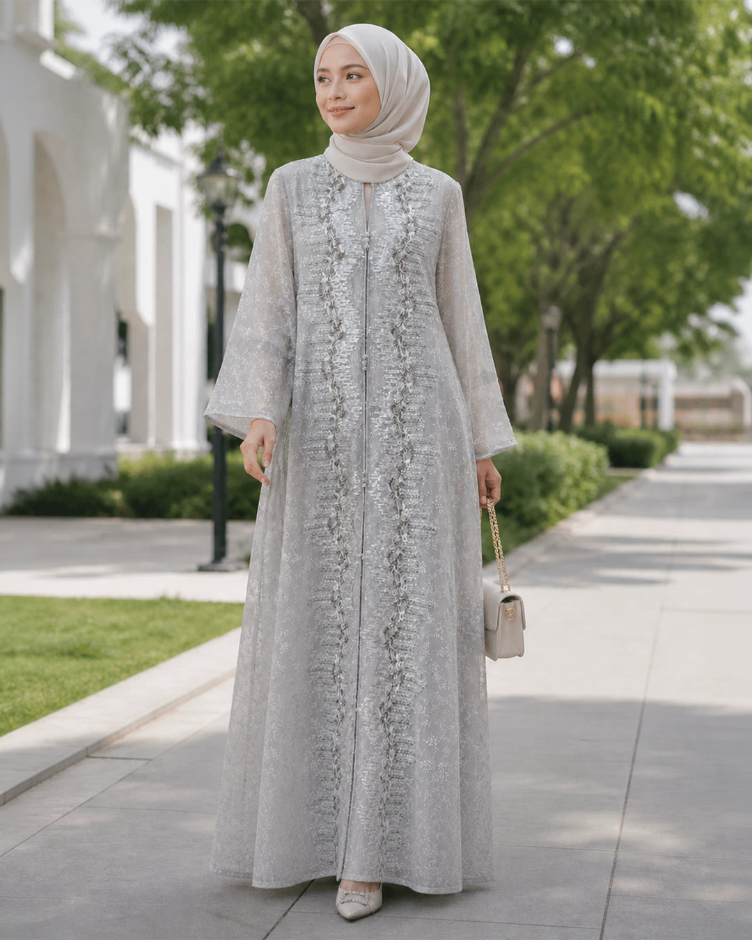 NUR VOGUE Luna Luxury Arab Abaya Dress for Muslimah – Elegant Ash Grey