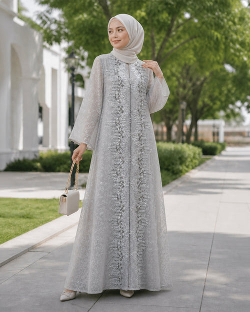 NUR VOGUE Luna Luxury Arab Abaya Dress for Muslimah – Elegant Ash Grey