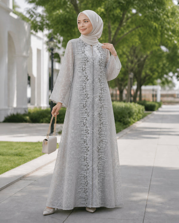 NUR VOGUE Luna Luxury Arab Abaya Dress for Muslimah – Elegant Ash Grey