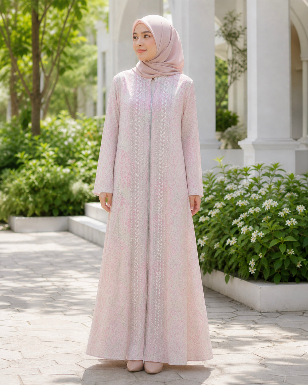 NUR VOGUE Azyra Elegant Muslimah Abaya Dress – Soft Pink