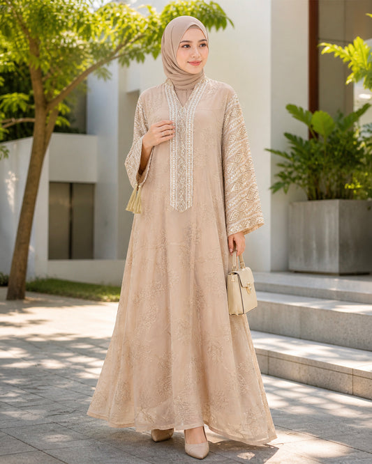 NUR VOGUE Amberlee Luxe Modest Wear Jubah – Nude Beige