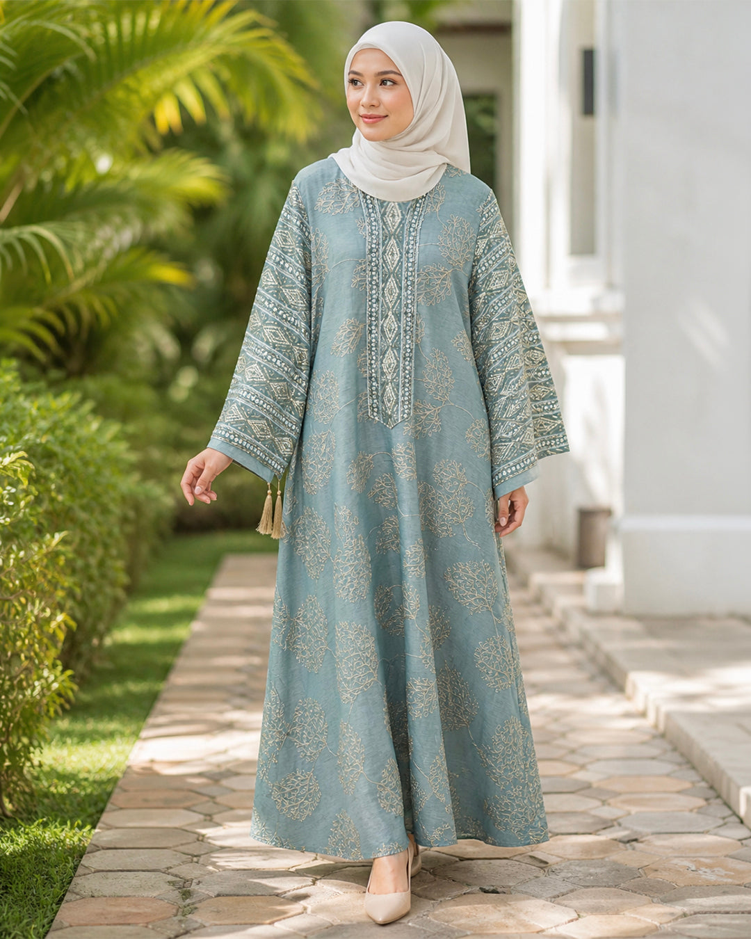 NUR VOGUE Amberlee Elegant Arabic Abaya for Women – Sage Blue
