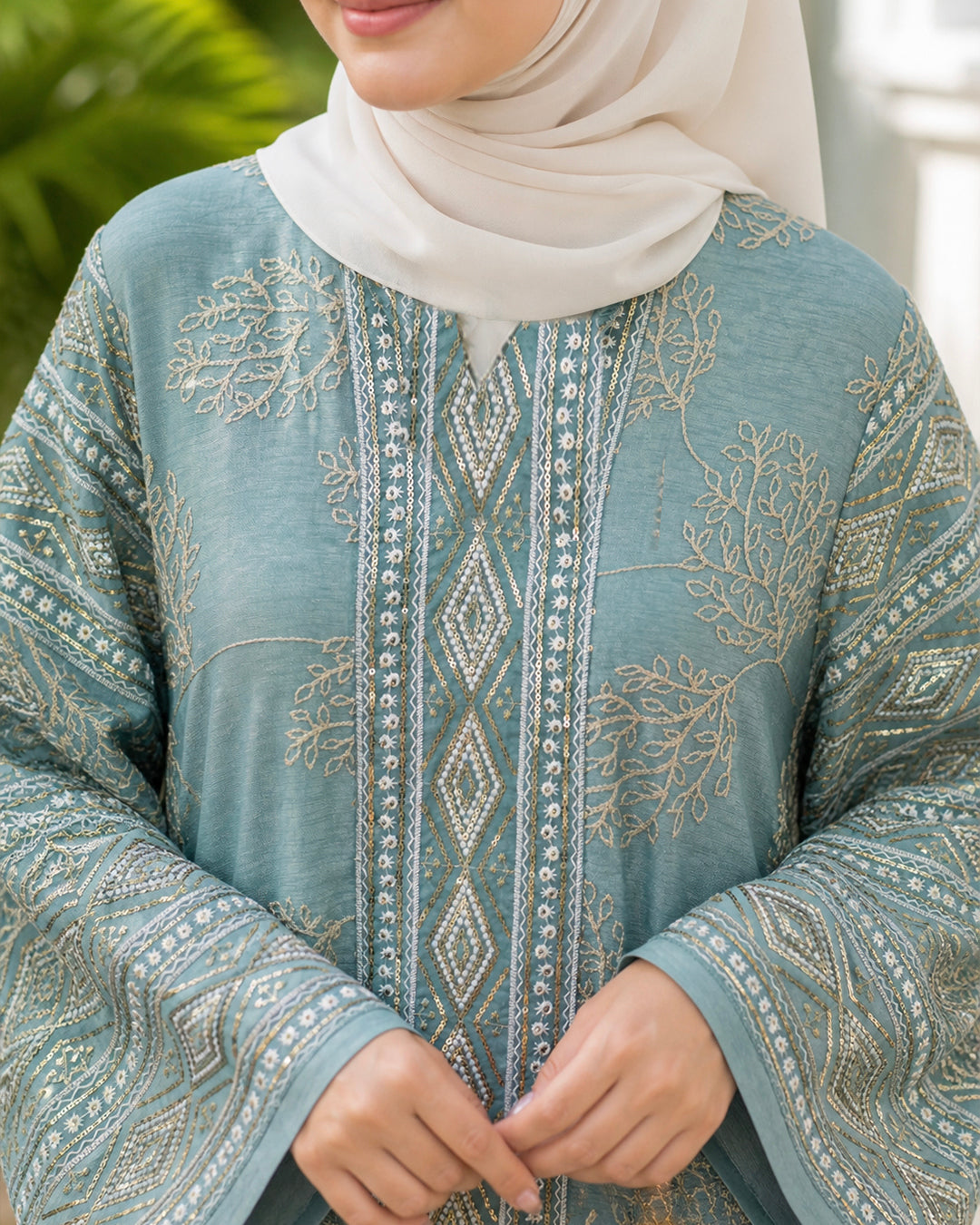 NUR VOGUE Amberlee Elegant Arabic Abaya for Women – Sage Blue